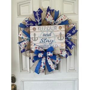 Nautical Wreath, “Keep Calm & Stay Anchored” Coastal Beach House Decor, Handmade